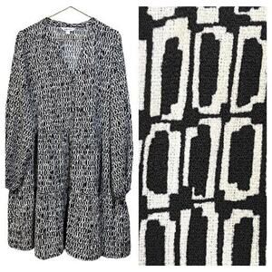 Nine West Womens LARGE Button Front Dress Tiered Black White Geometric Short NEW